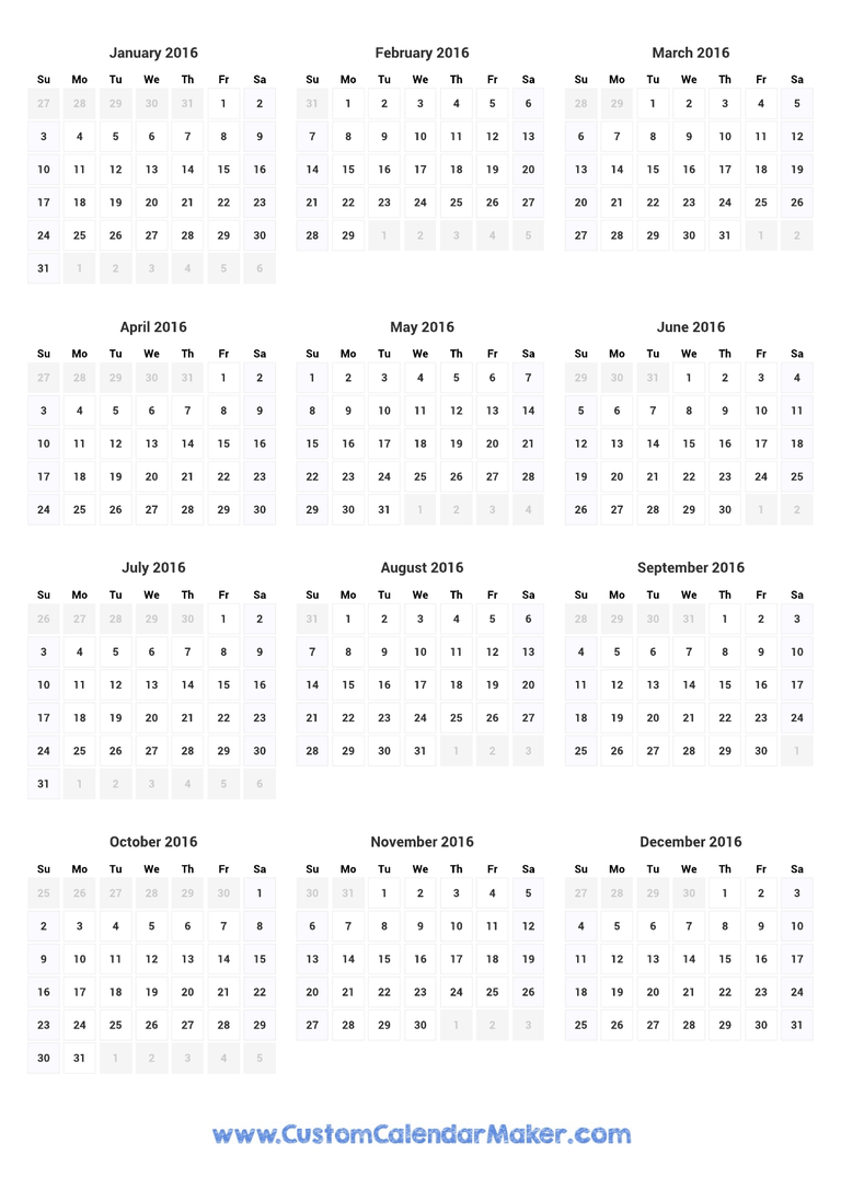 2016 printable yearly calendar
