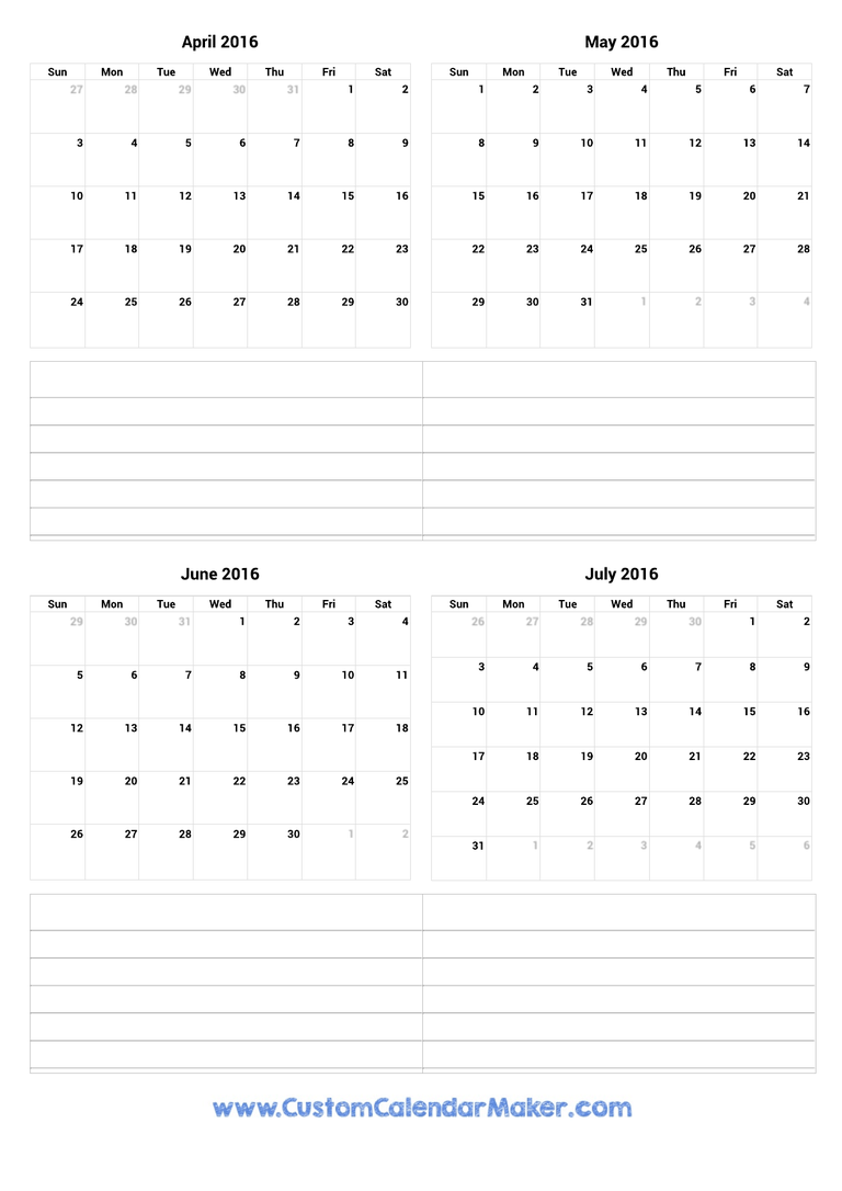 April to July 2016 Calendar