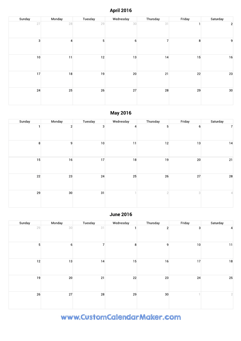 April to June 2016 Calendar