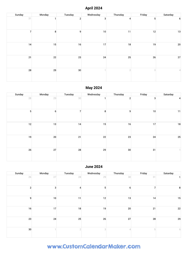 April to June 2024 Calendar