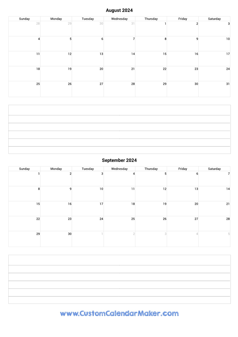 august and september 2024 calendar with notes