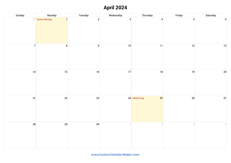 April calendar 2024 with Australian National Holidays