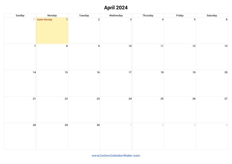 April calendar 2024 with Canadian Holidays