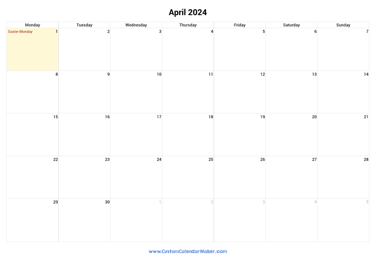 April calendar 2024 with Irish National Holidays