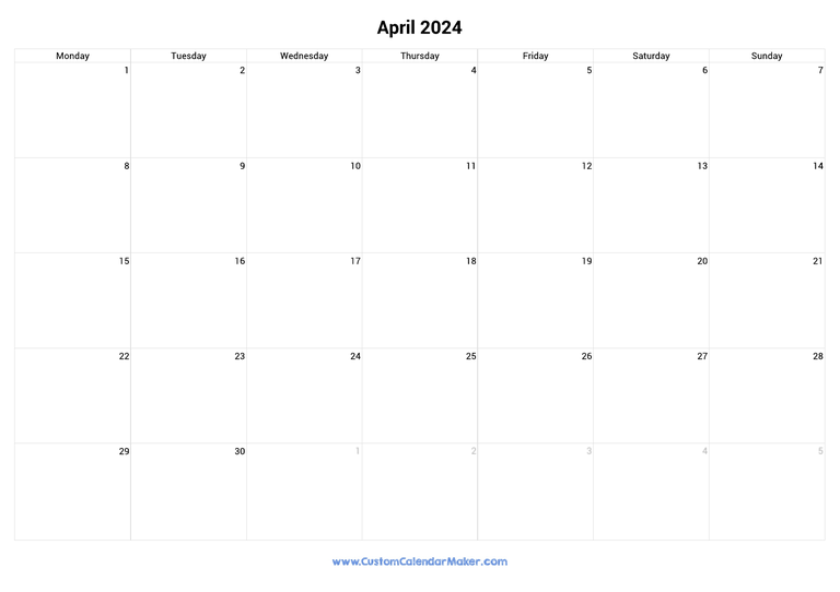 April calendar 2024 with UK Bank Holidays