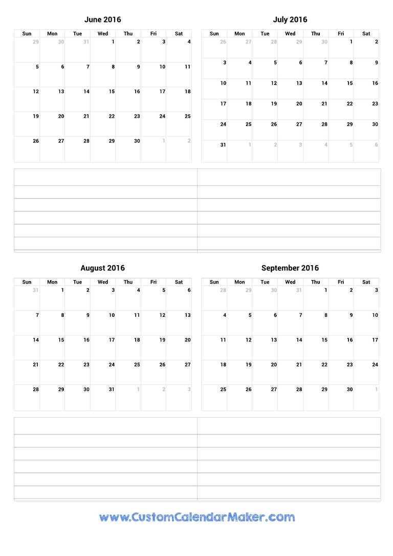 June to September 2016 Calendar