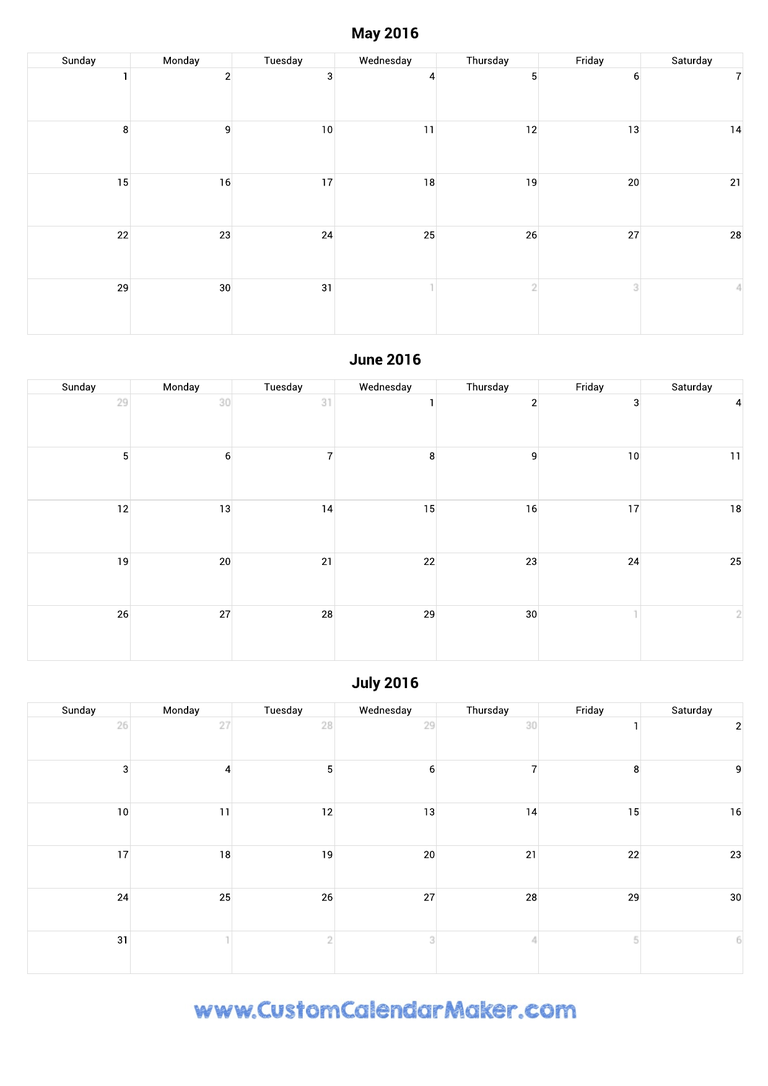 May to July 2016 Calendar