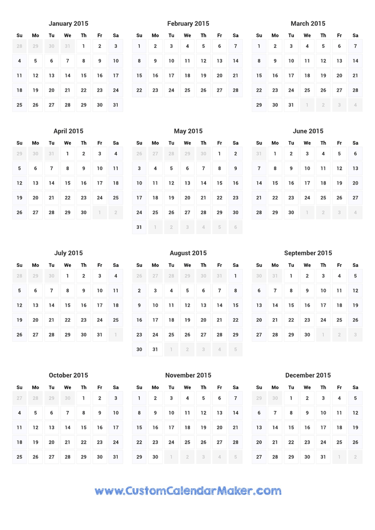 2015 printable yearly calendar