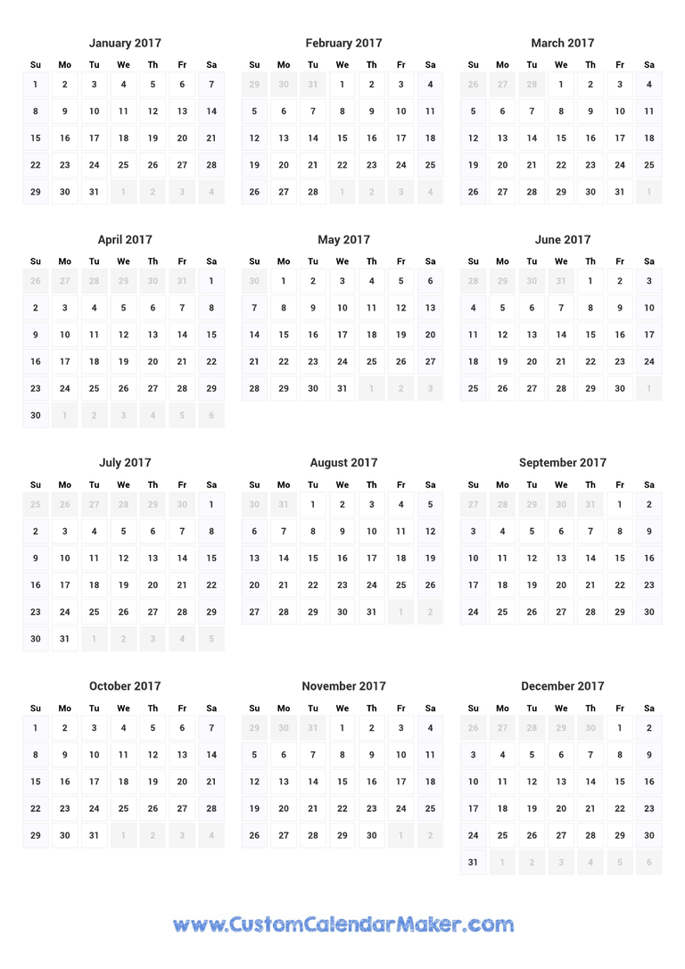2017 printable yearly calendar