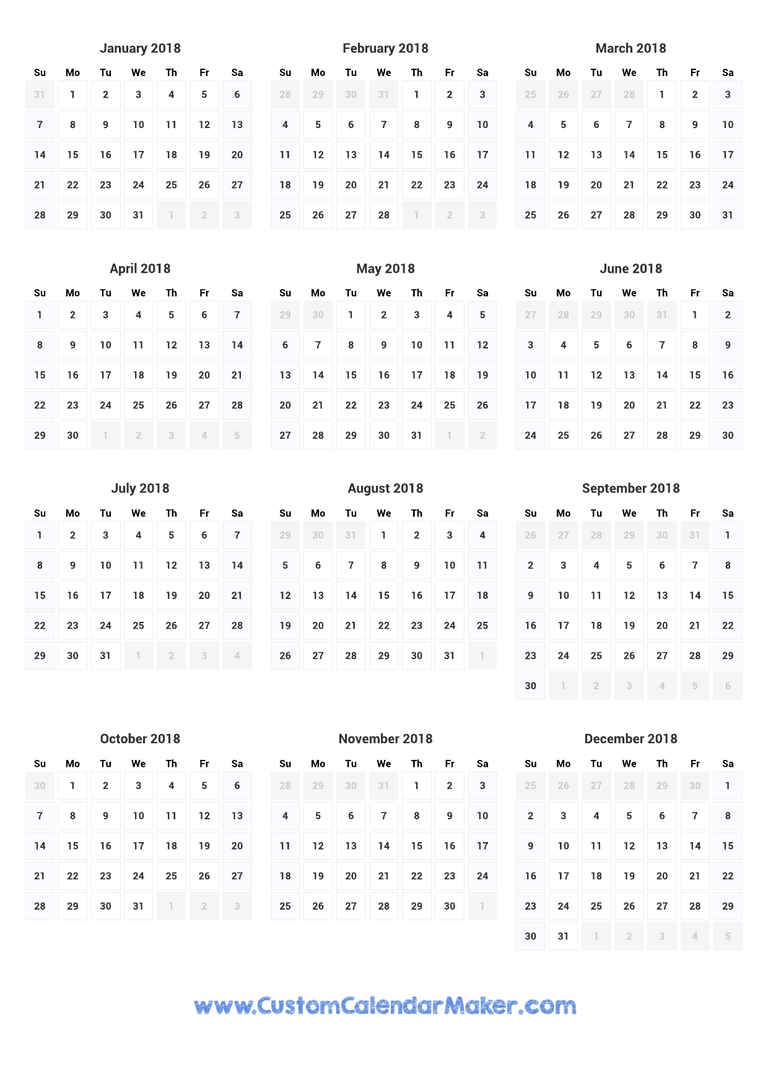 2018 printable yearly calendar