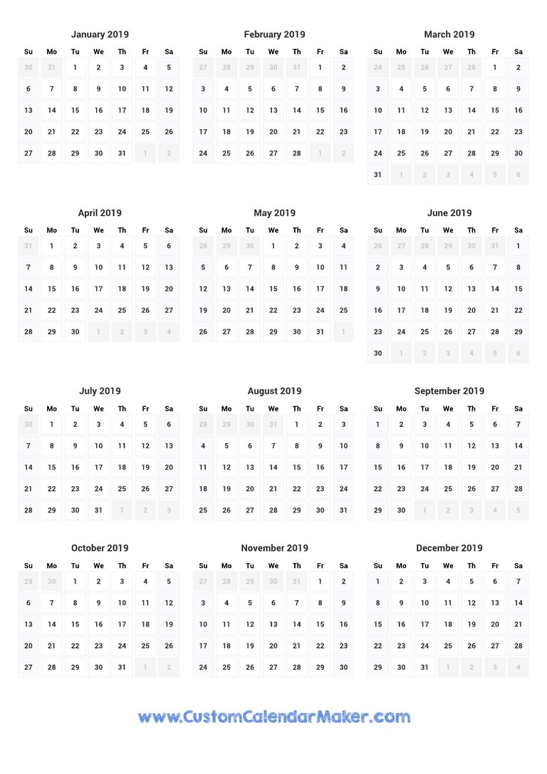 2019 printable yearly calendar