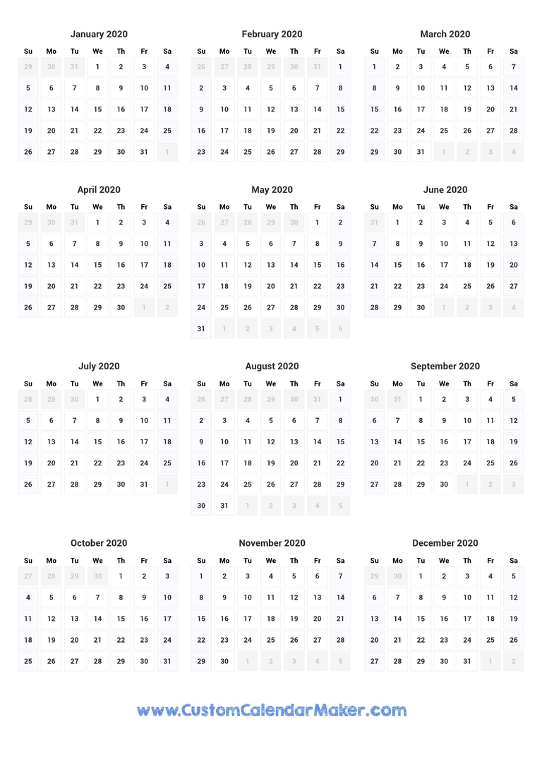 2020 printable yearly calendar