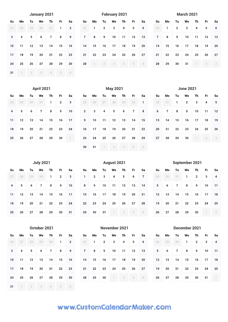 2021 printable yearly calendar