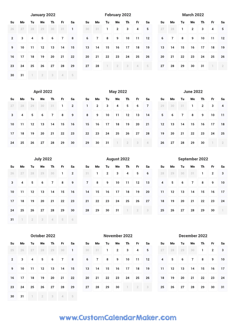 2022 printable yearly calendar