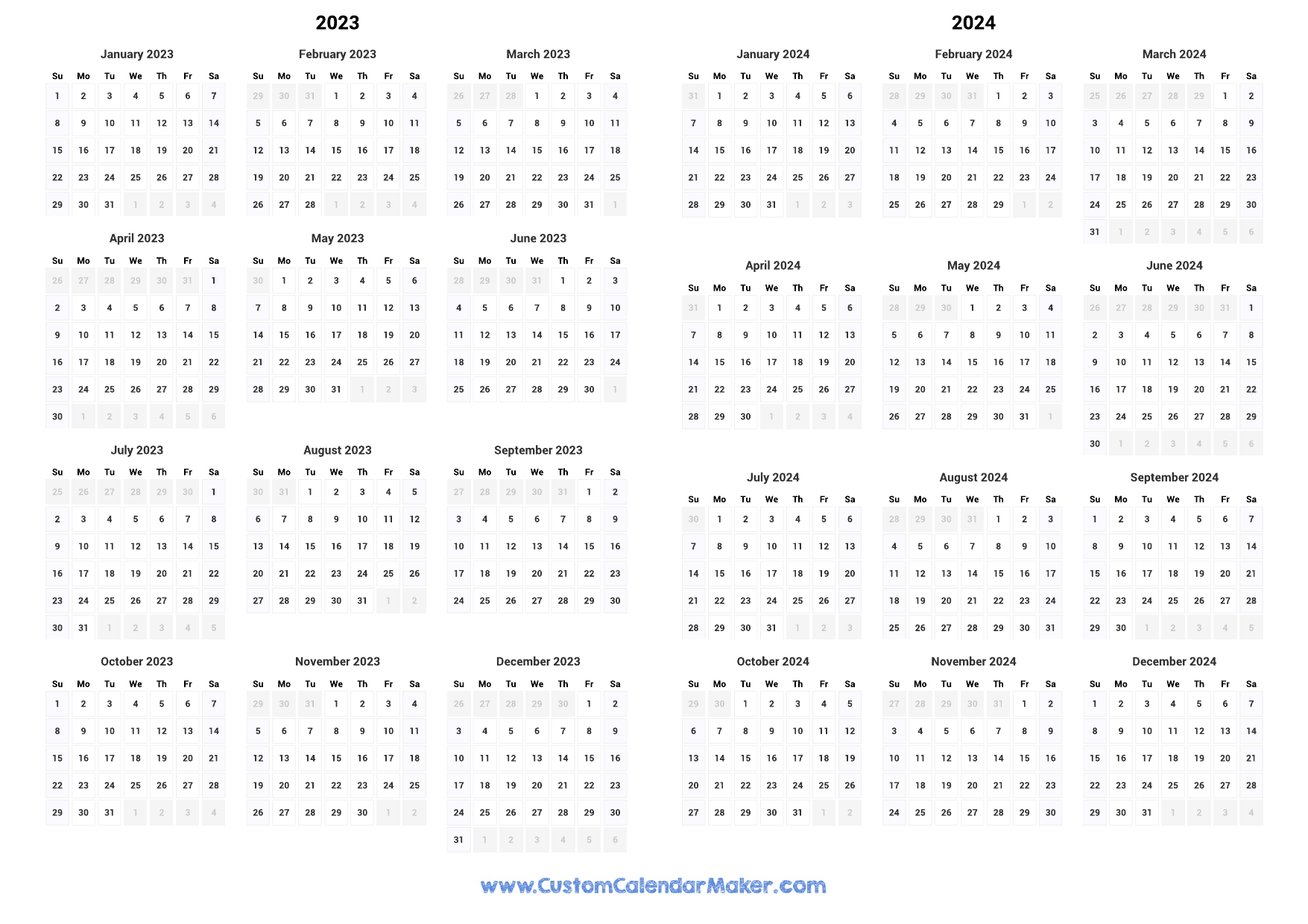 2023 and 2024 Two Year Calendar