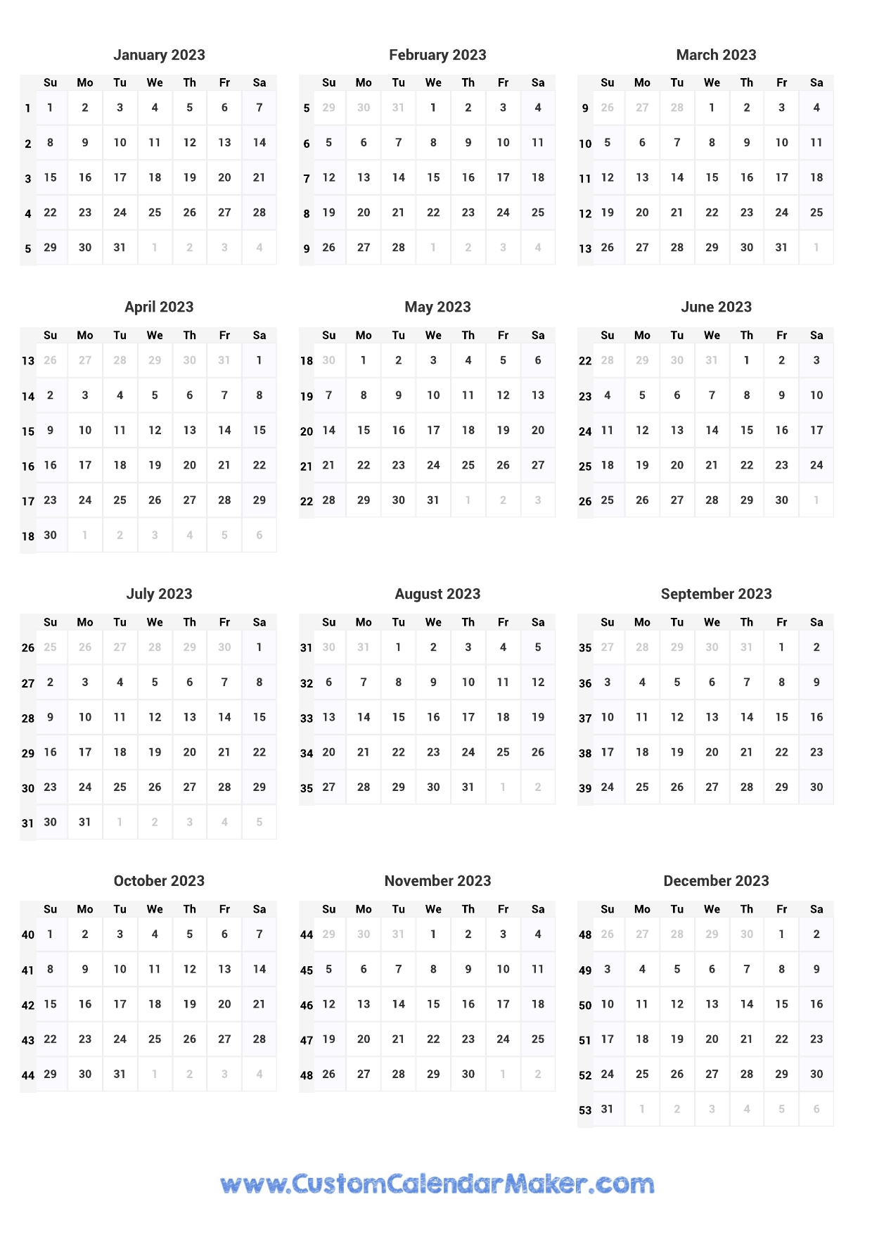 2023 One Page Yearly Calendar with Week Numbers