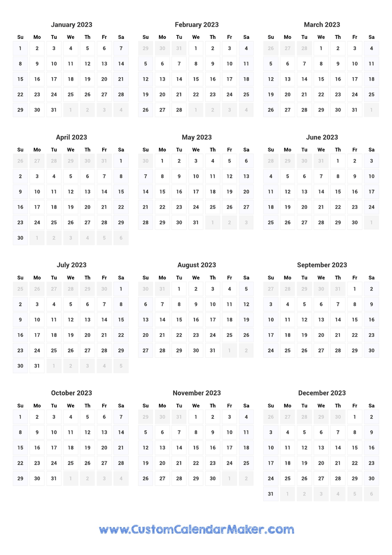 2023 printable yearly calendar