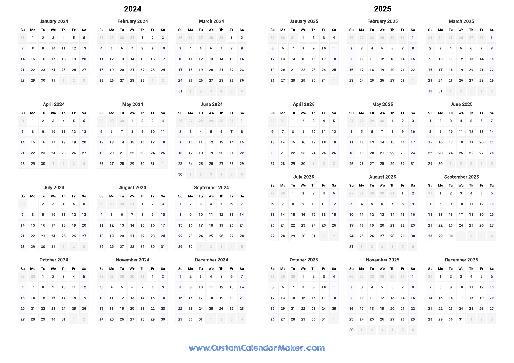 2024 and 2025 Two Year Calendar