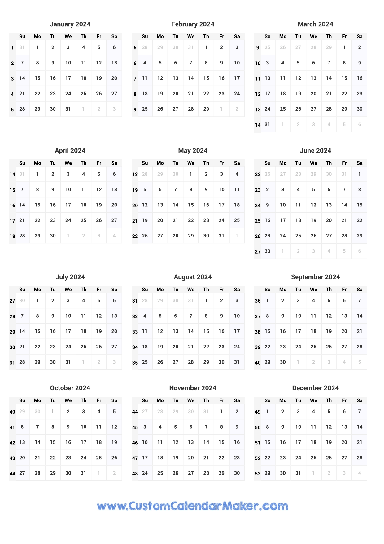 2024 Calendar With Week Numbers And Holidays For United States Official