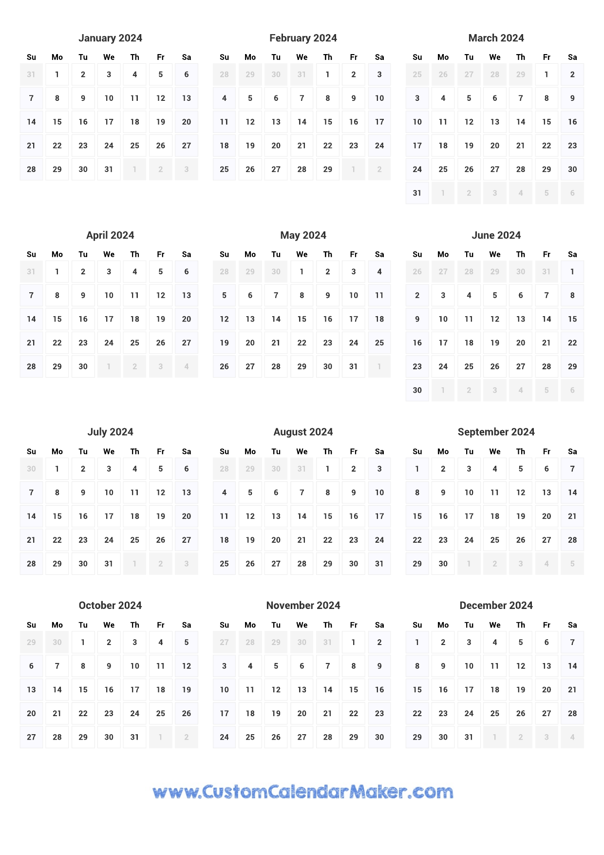 Printable Yearly Calendar 2024 - Full Year at a Glance