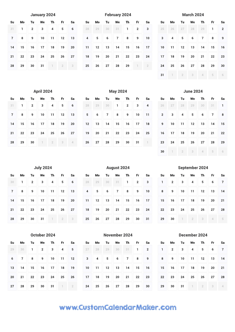 2024 printable yearly calendar