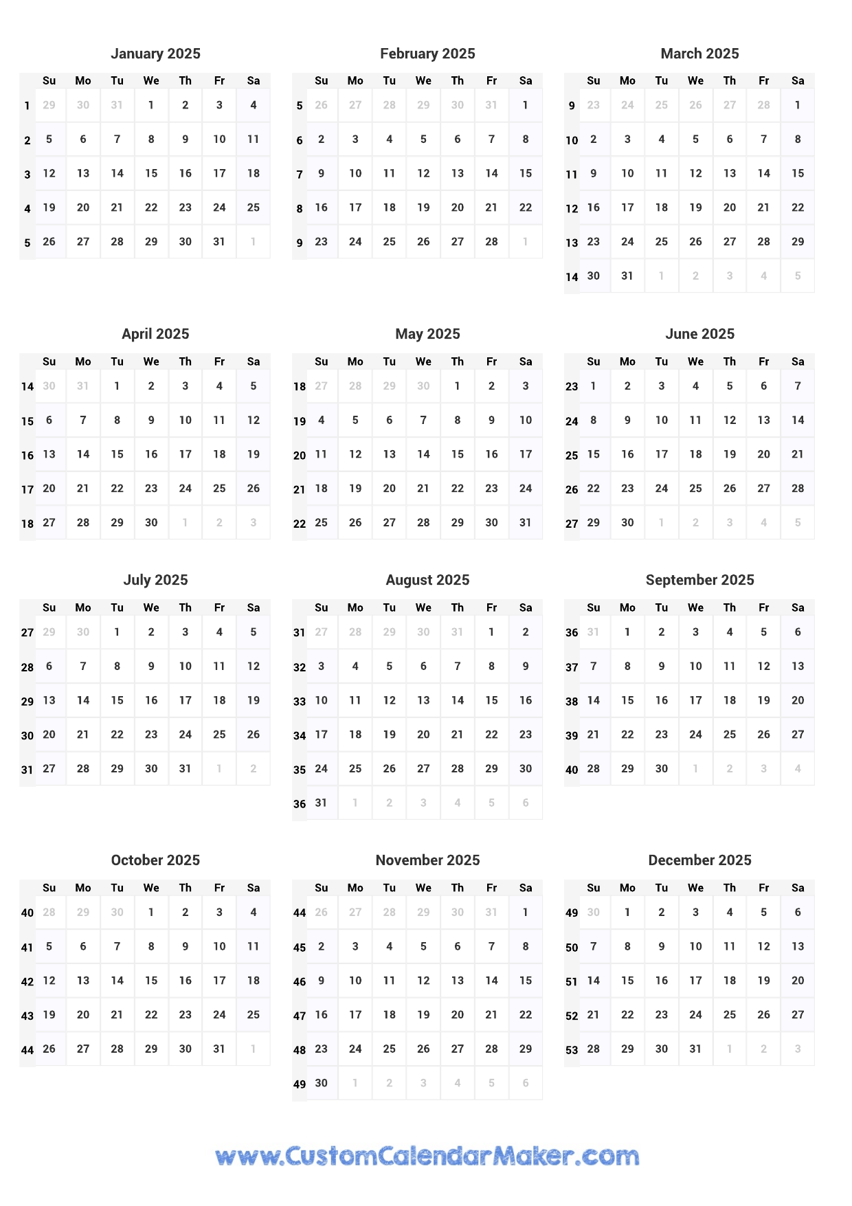 2025 Calendar With Week Numbers
