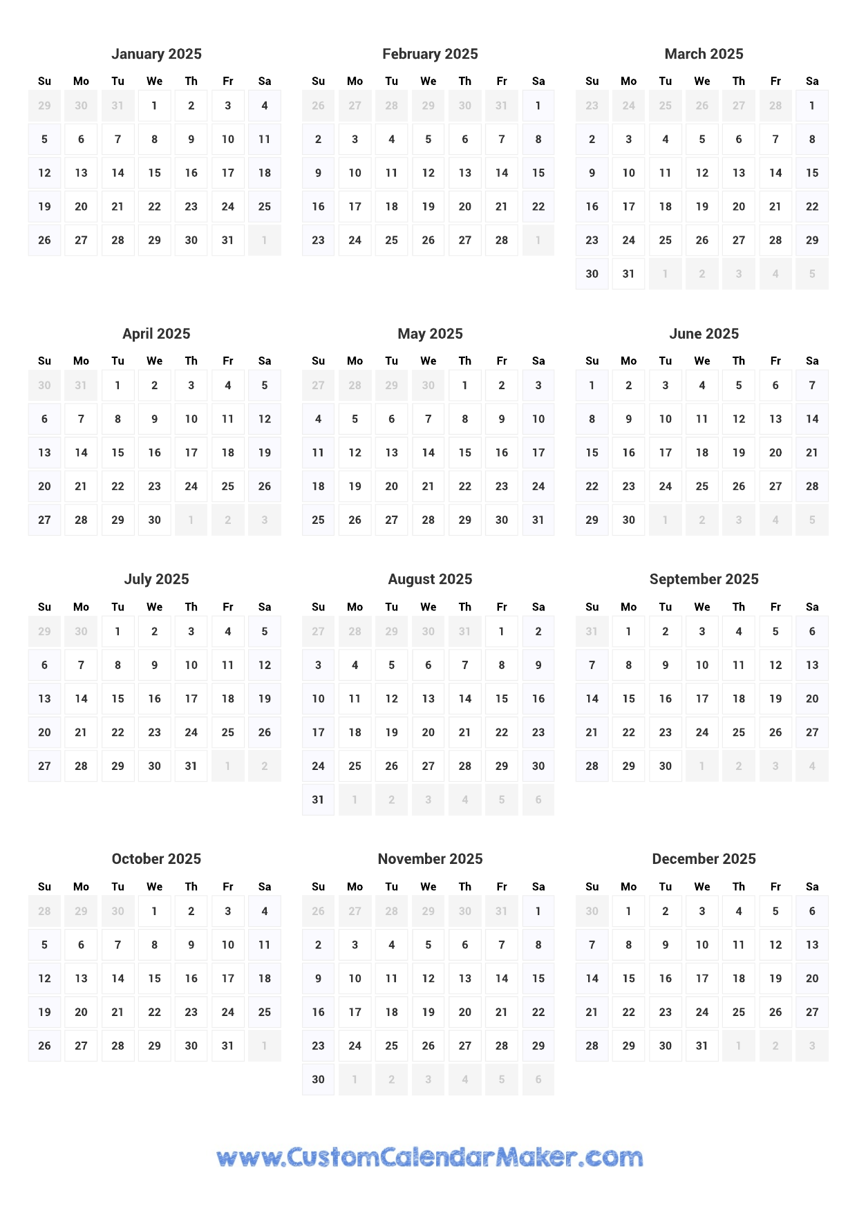 Printable Yearly Calendar 2025 Full Year at a Glance