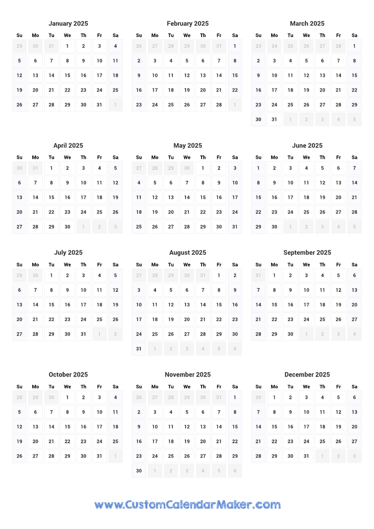 2025 printable yearly calendar
