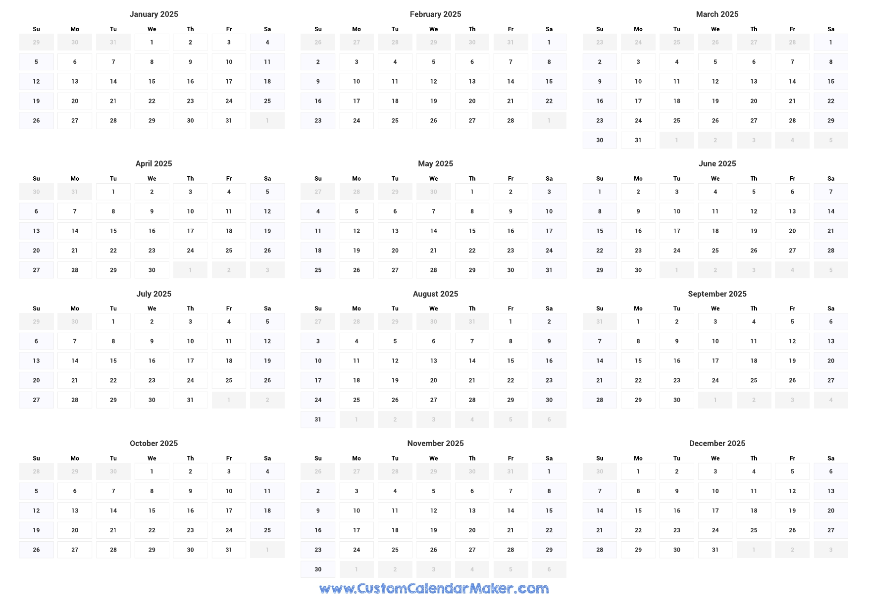 2025 One Page Calendar Landscape