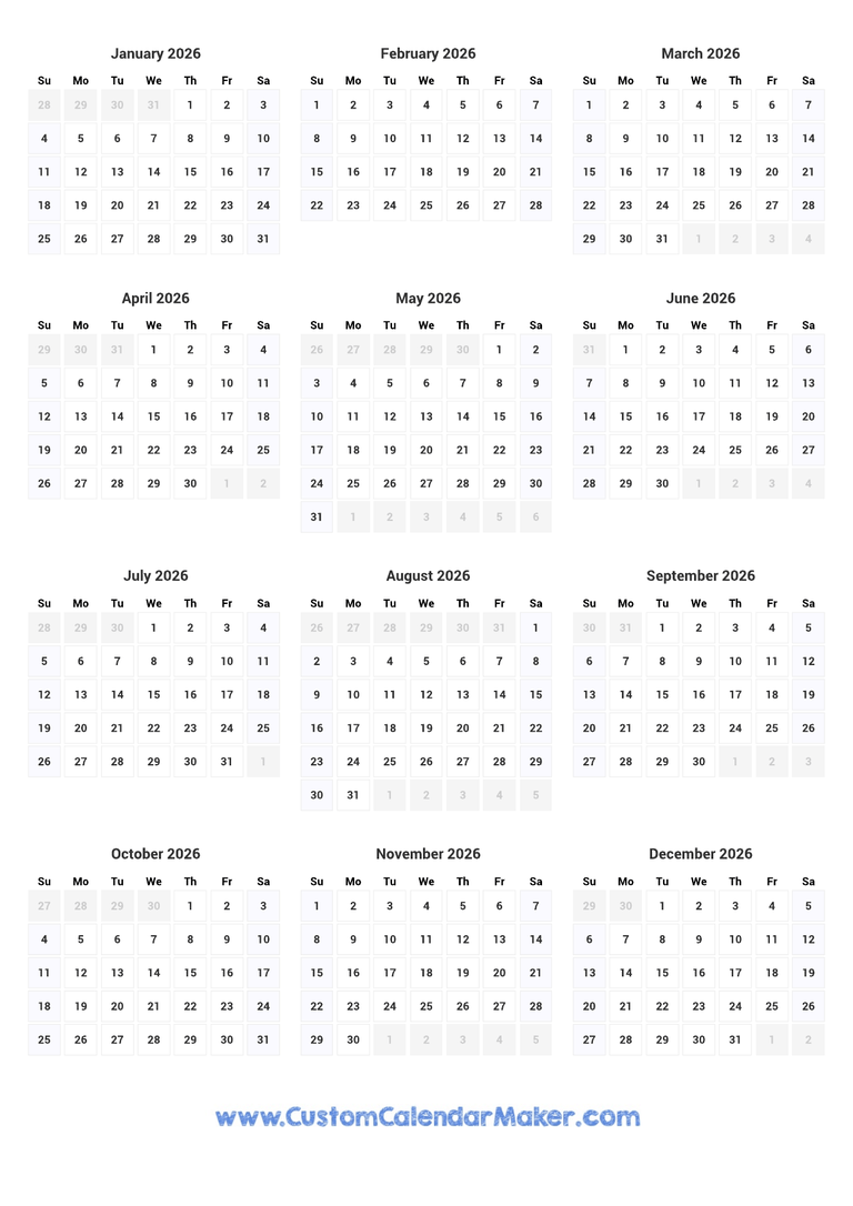 2026 printable yearly calendar