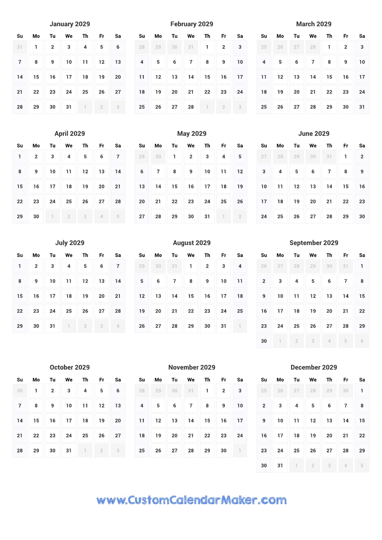 2029 printable yearly calendar