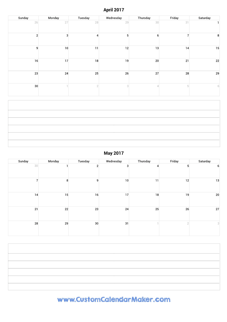 april and may 2017 calendar with notes