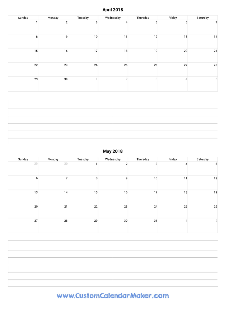 april and may 2018 calendar with notes