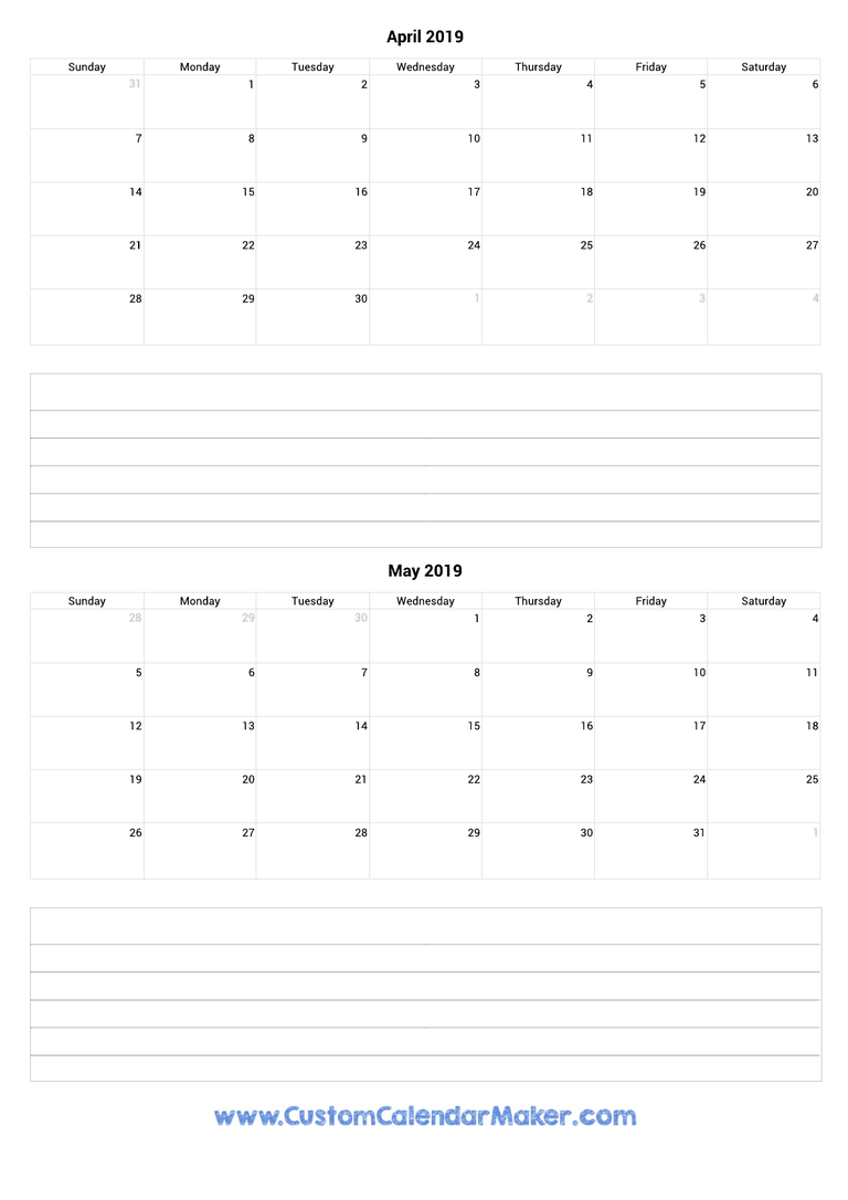 april and may 2019 calendar with notes
