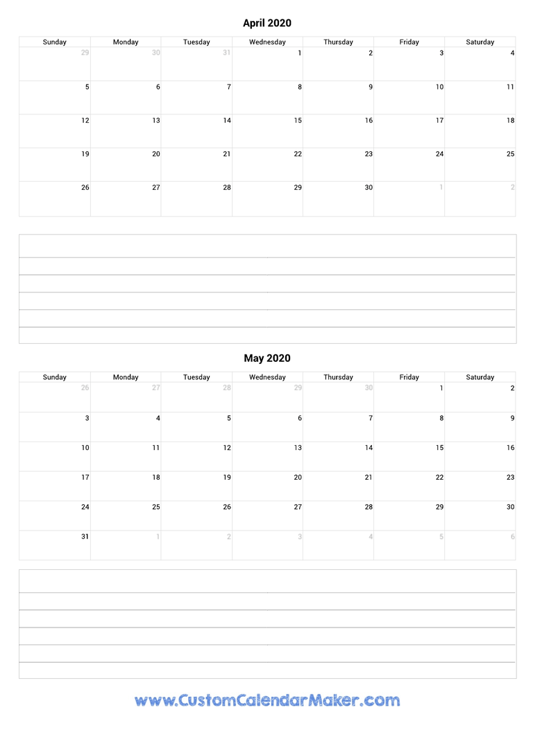 april and may 2020 calendar with notes