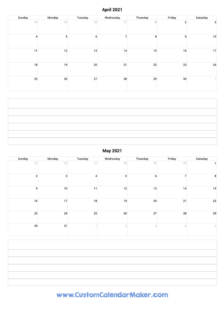 april and may 2021 calendar with notes