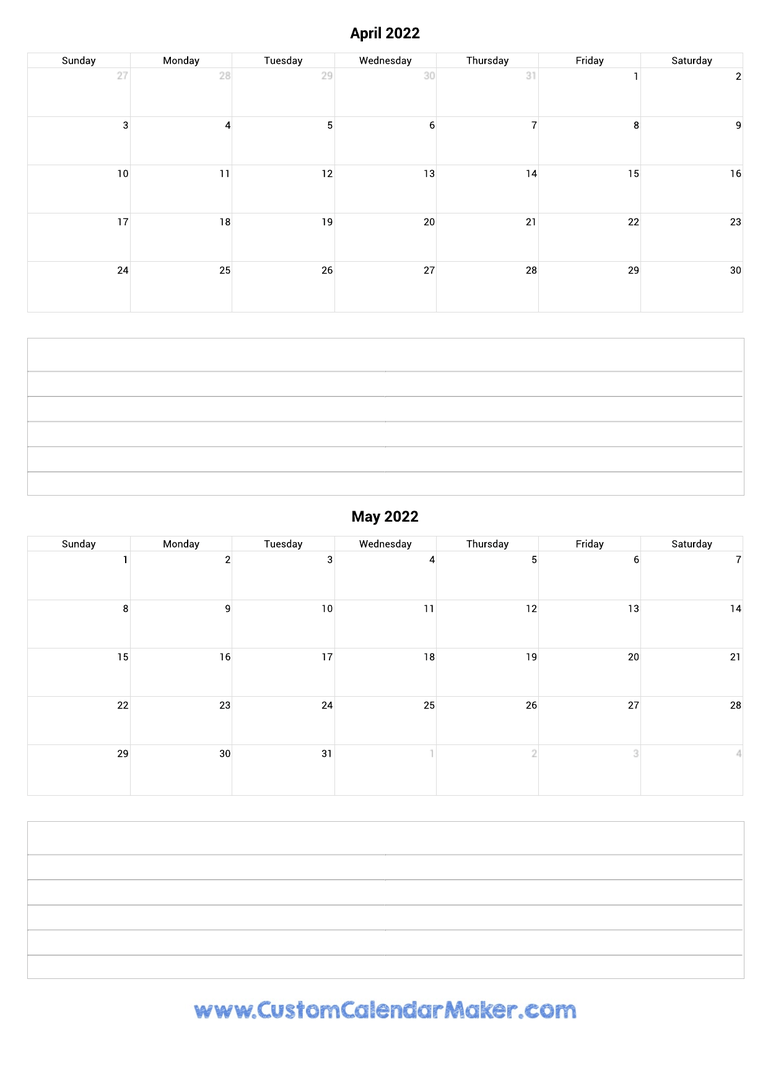 april and may 2022 calendar with notes