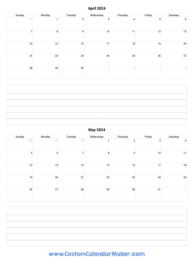 april and may 2024 calendar with notes