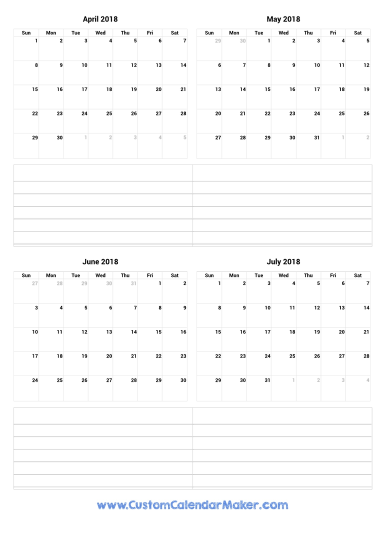 April to July 2018 Calendar