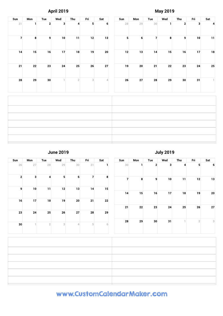 April to July 2019 Calendar