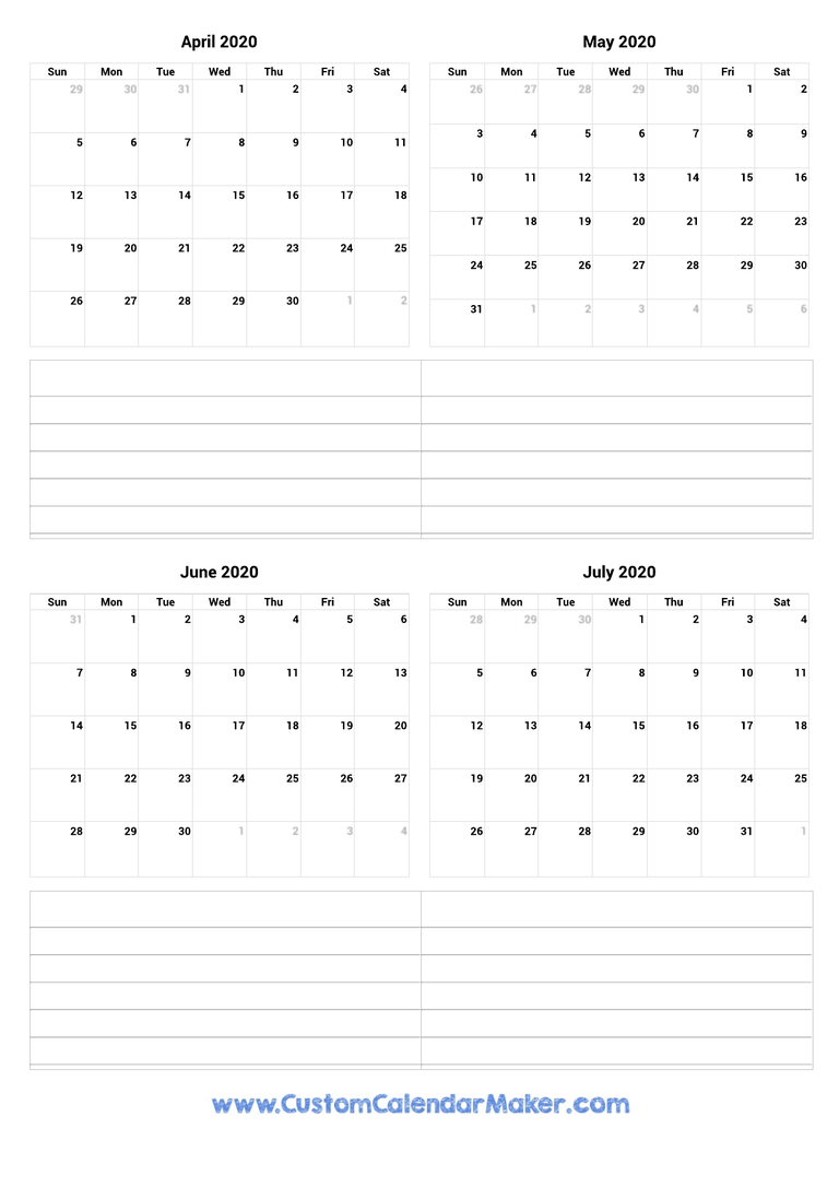 April to July 2020 Calendar
