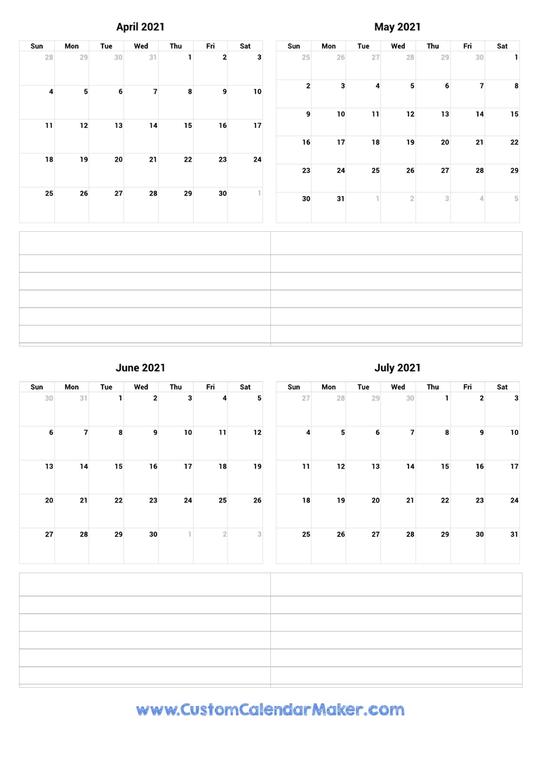 April to July 2021 Calendar