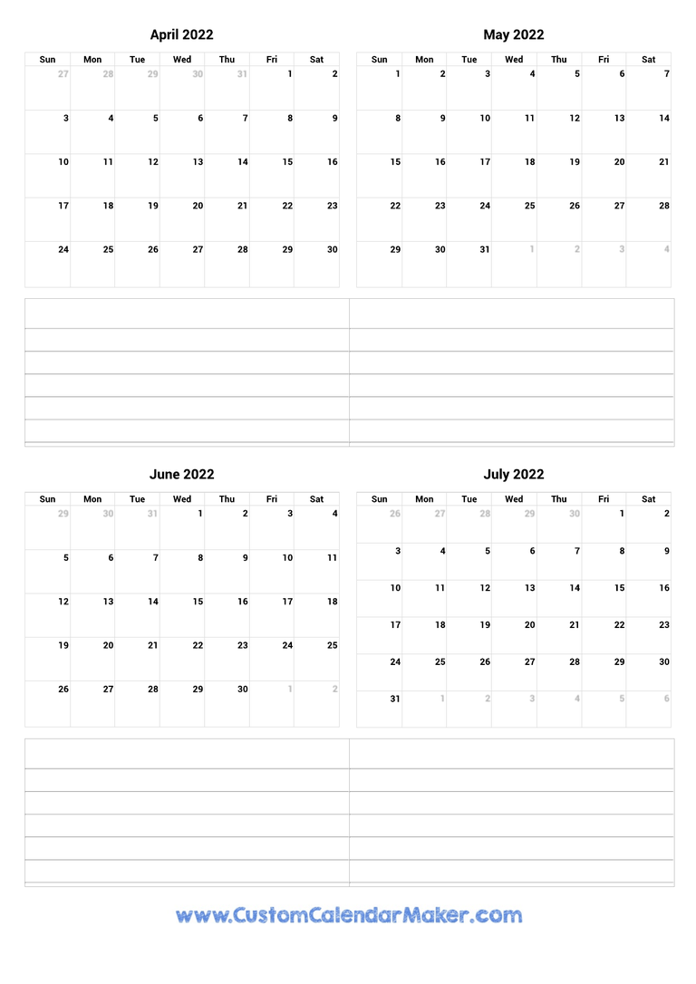April to July 2022 Calendar