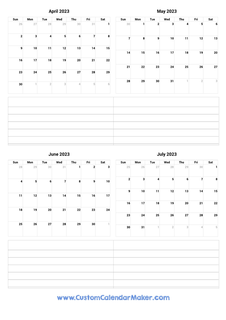 April to July 2023 Calendar