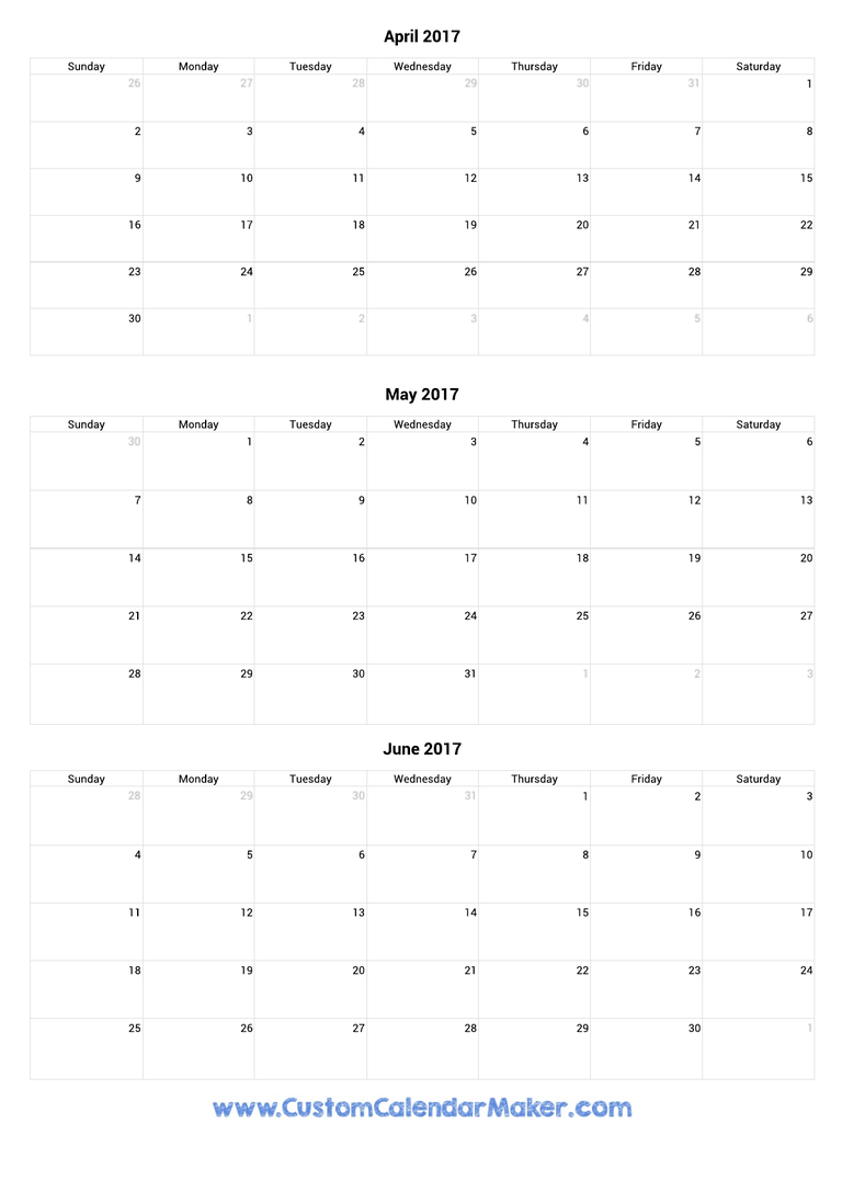 April to June 2017 Calendar