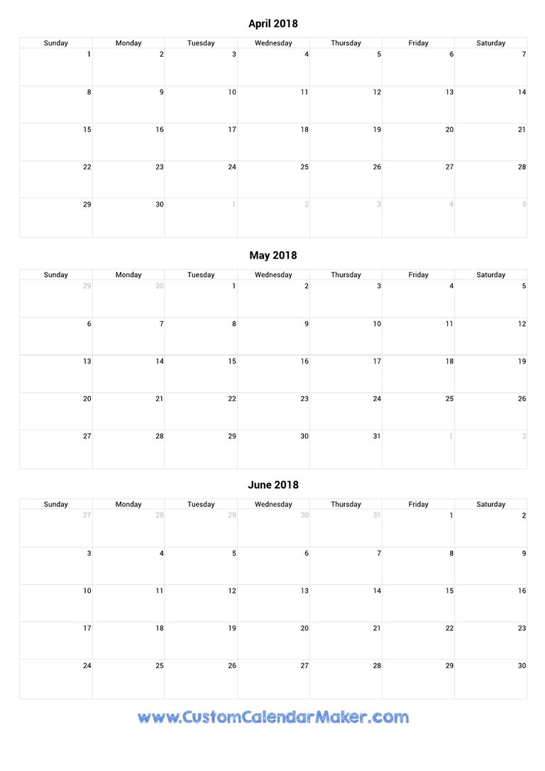 April to June 2018 Calendar