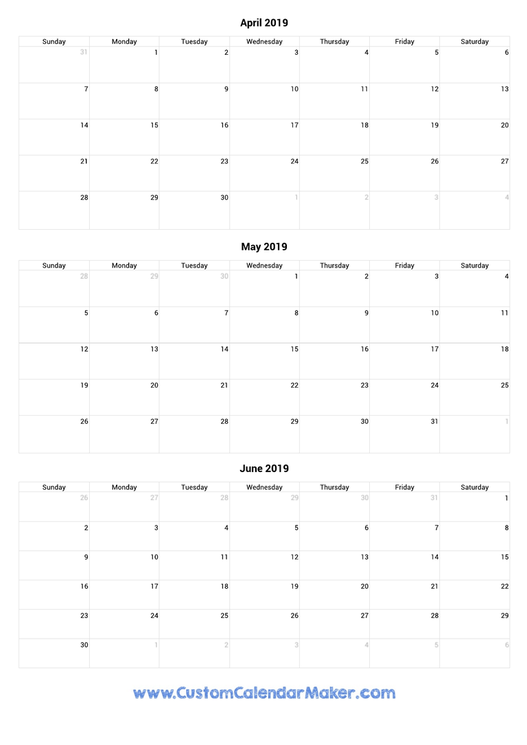 April to June 2019 Calendar
