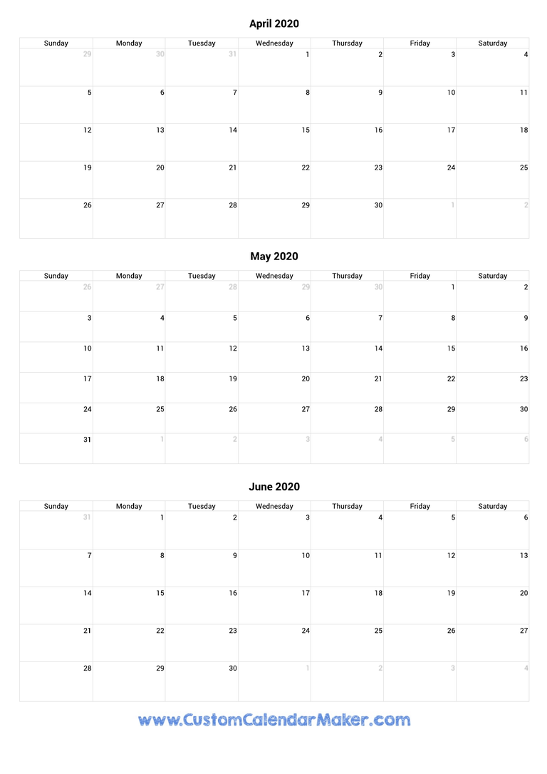 April to June 2020 Calendar