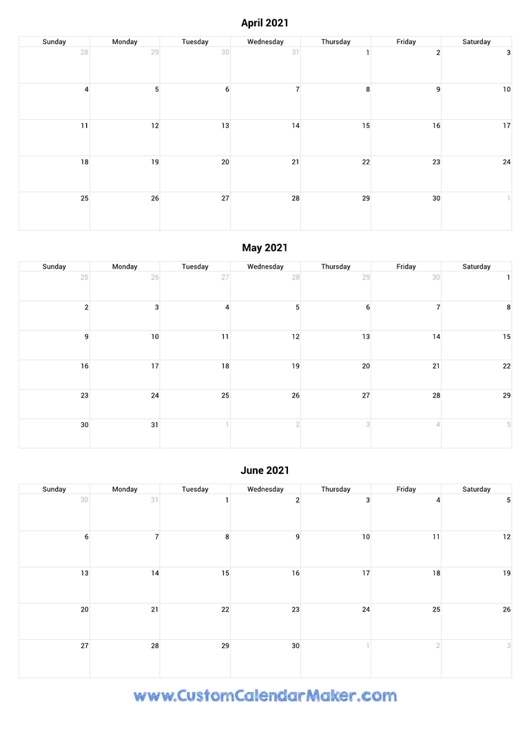 April to June 2021 Calendar