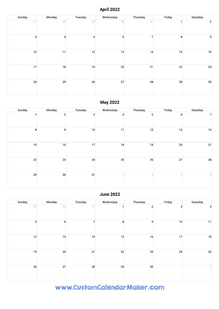 April to June 2022 Calendar
